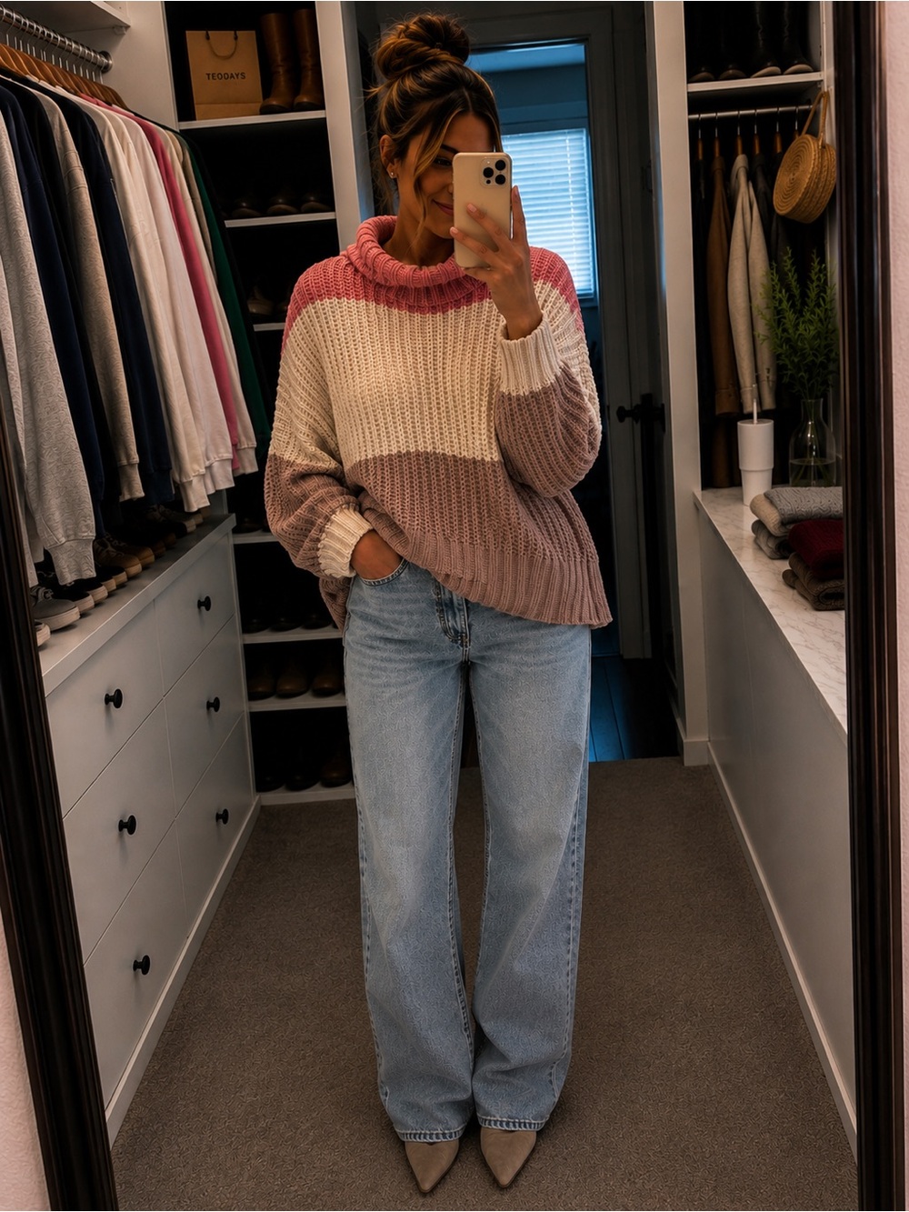 Cozy Colorblock Turtleneck Sweater - Pink, Cream & Brown